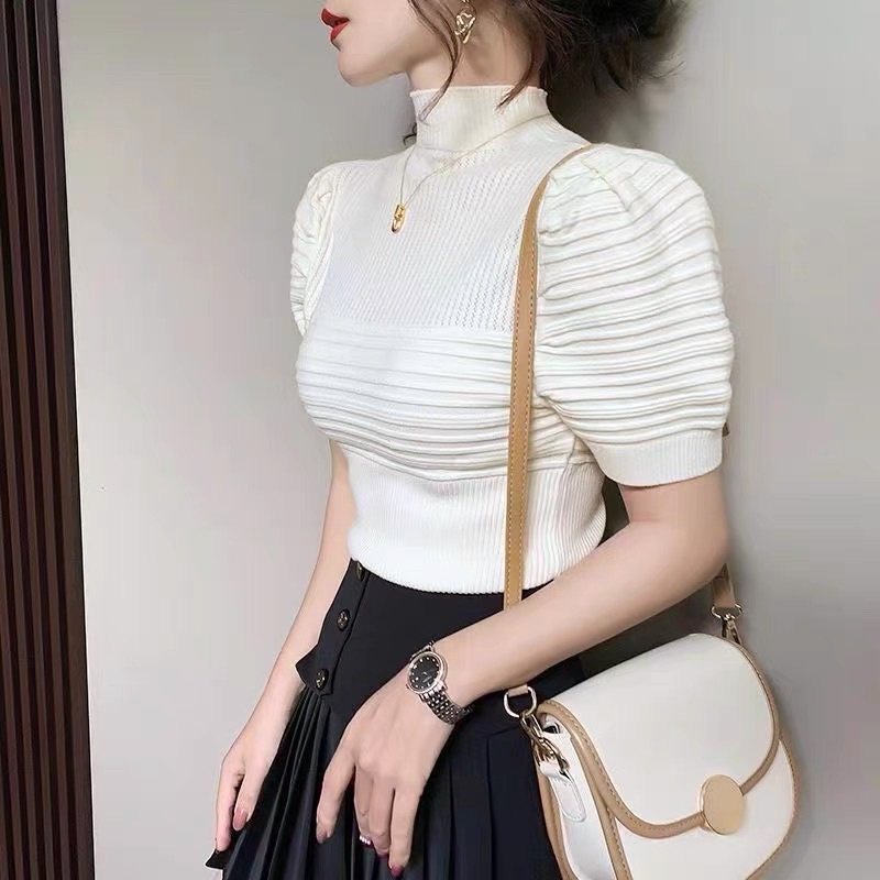 Áo len nữ tay bồng cổ 3 phân sóng ngang ngực mẫu mới, Dài tay và ngắn tay