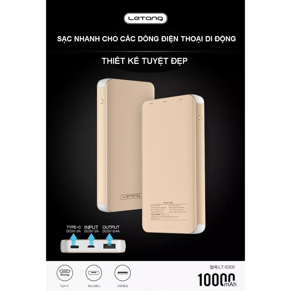 Pin dự phòng LETANG S300 - 10.000mAh siêu mỏng, siêu nhẹ, chống sốc tự ngắt khi sạc đầy cho iPhone, Samsung, OPPO,...