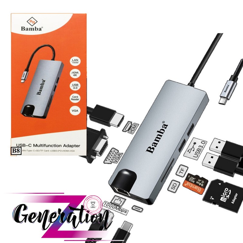 HUB Chuyển USB Type-C Ra 2 USB 3.0+ 2 ĐẦU ĐỌC THẺ+1HDMI+1 VGA+1RJ45 (1000)+1USB C BAMBA B8