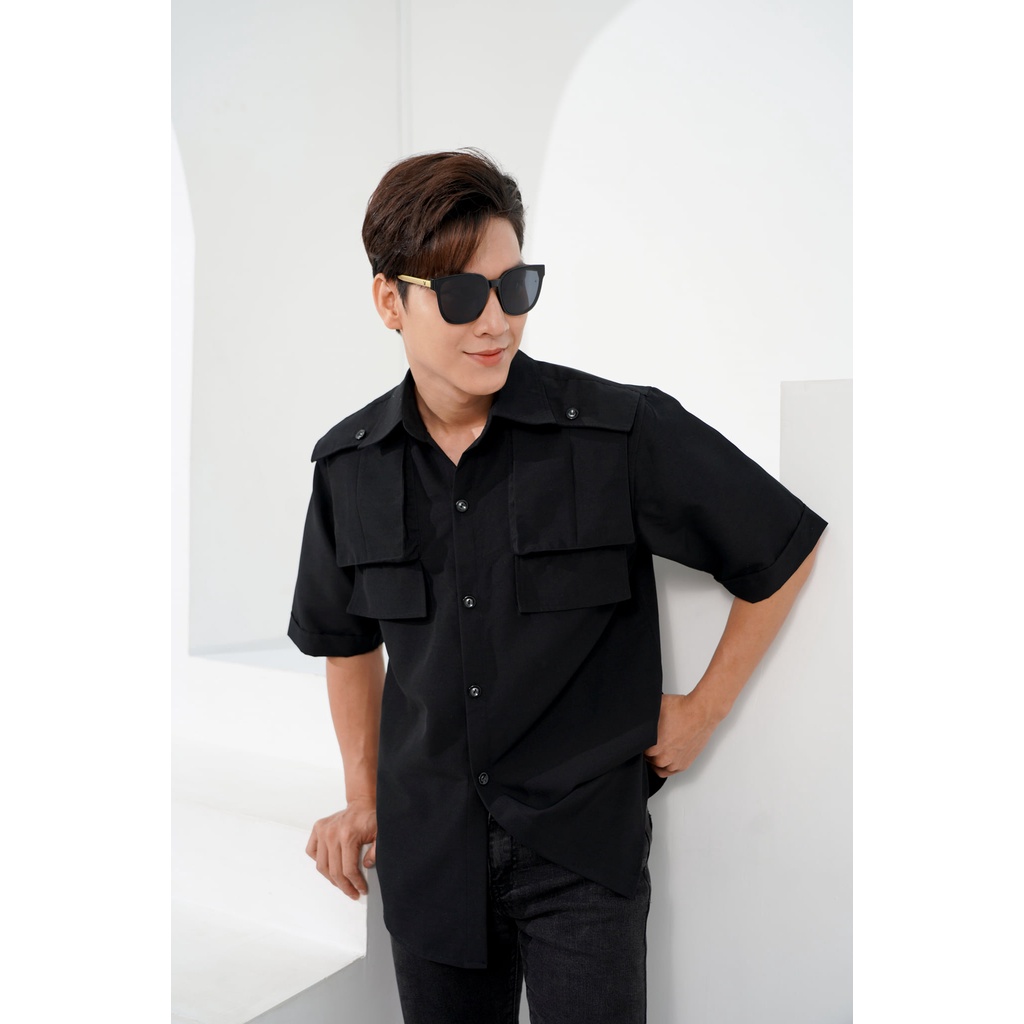 Áo Sơ Mi Nam Ngắn Tay Phối Túi Hộp Màu Đen/Trắng Thương Hiệu Mr Twins