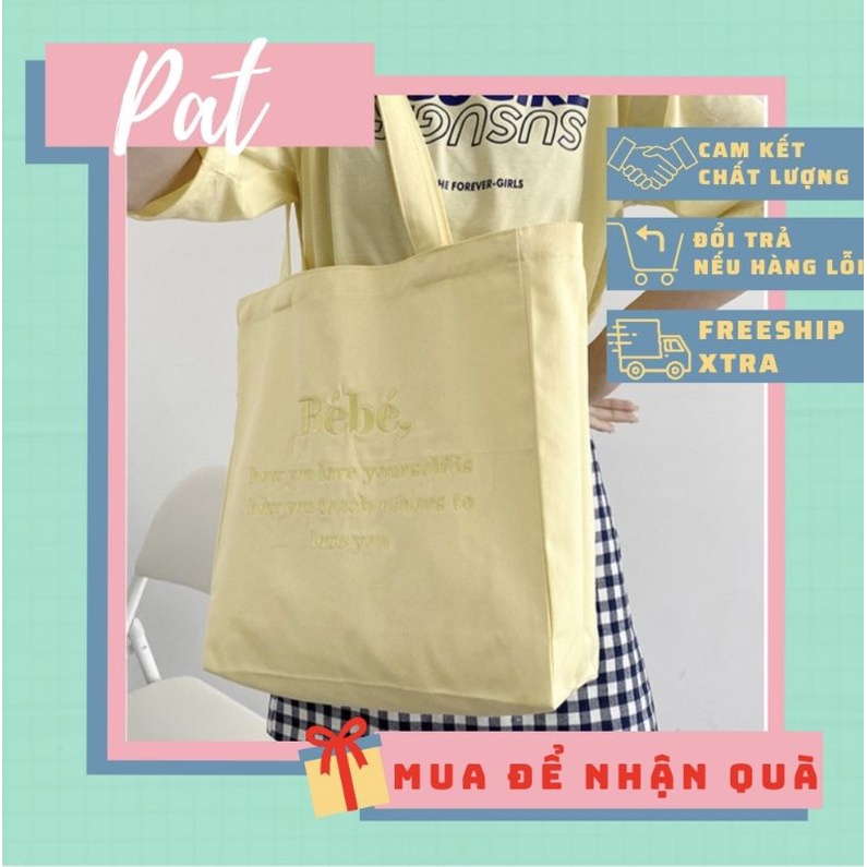 Túi tote vải canvas họa tiết thêu bé bé màu sắc pastel TP7 | tiemtuitotebypat