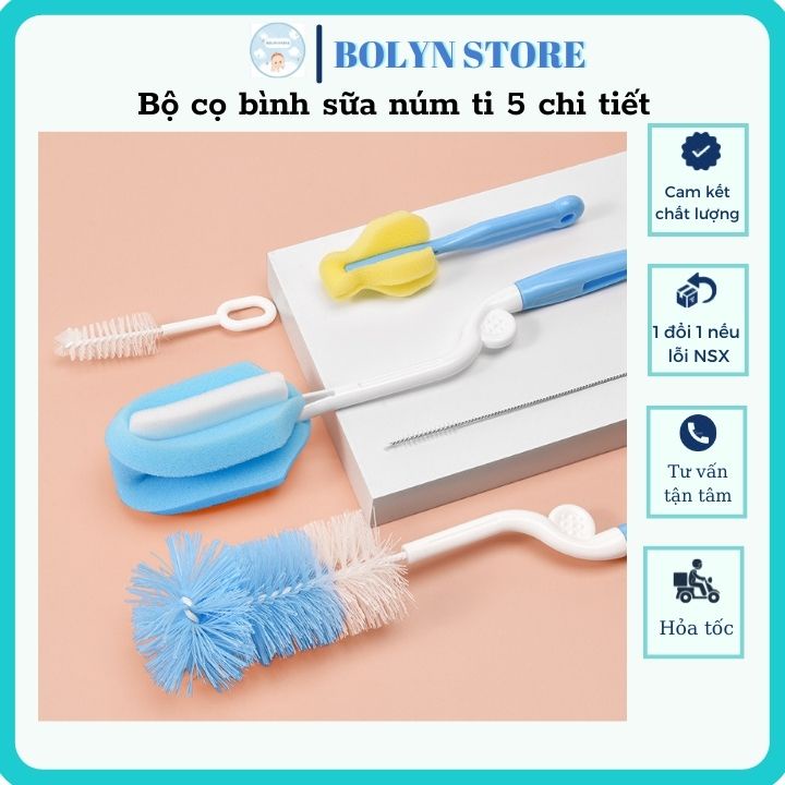 Bộ cọ rửa bình sữa 360 độ vệ sinh phụ kiện và núm ty 2,4 và 5 chi tiết cho bé -  Dụng cụ cọ rửa bình BOLYN