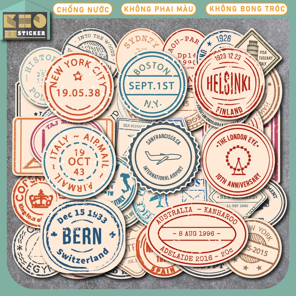 Combo 50 Sticker Retro Stamp 2 chống nước sticker dán laptop, điện thoại, đàn guitar, mũ bảo hiểm, vali. MSP: ST54