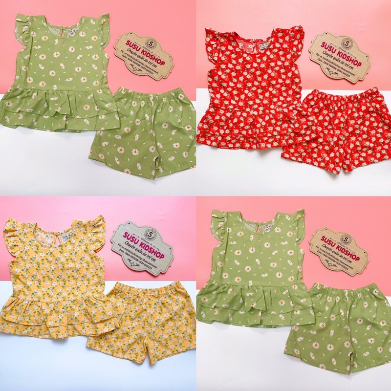 SIZE 1-12 (9-33KG) ĐỒ BỘ BÉ GÁI ÁO SÁT NÁCH KIỂU PELPUM QUẦN ĐÙI VẢI LỤA IN HOA NHÍ