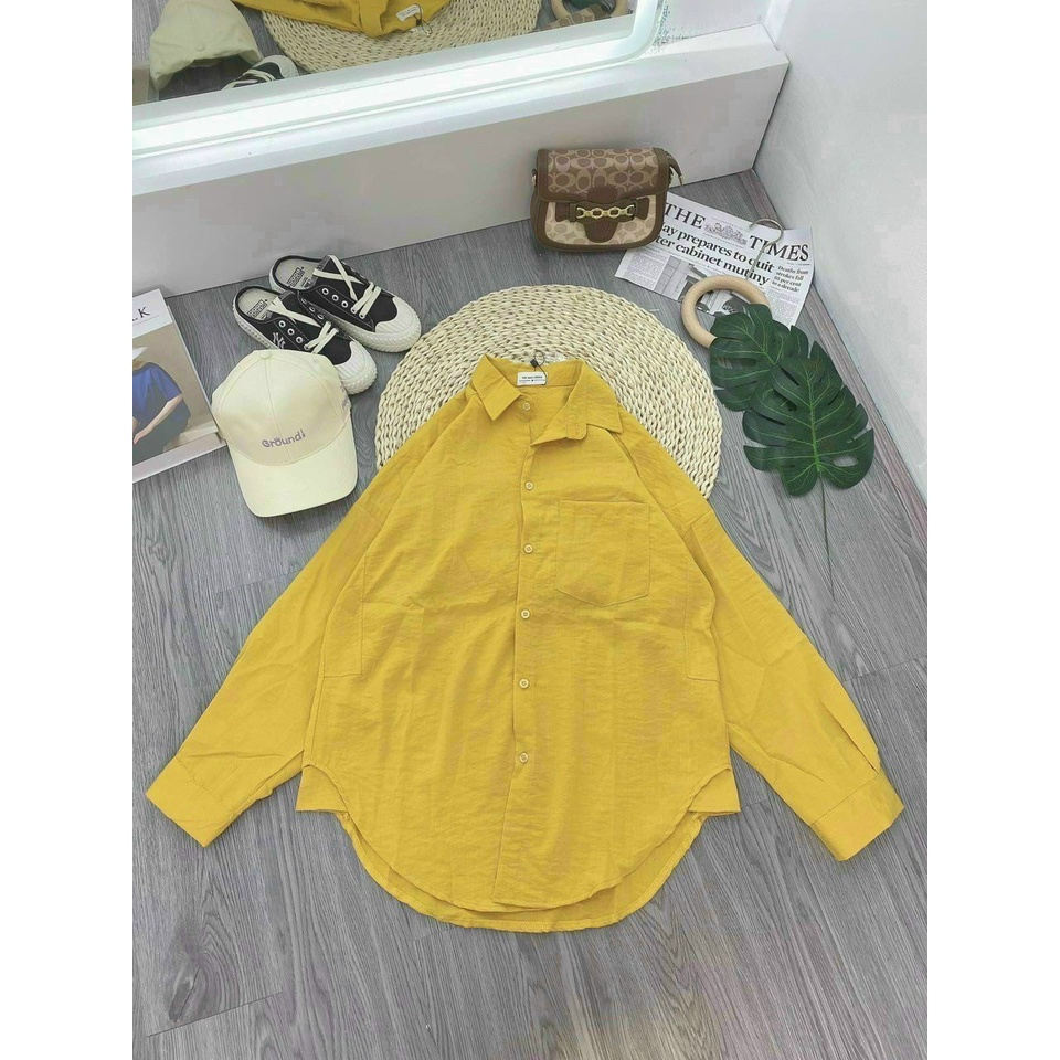 Áo sơ mi trơn form rộng tay dài 1 túi cực xinh , chất xô mềm mịn ( ảnh thật )
