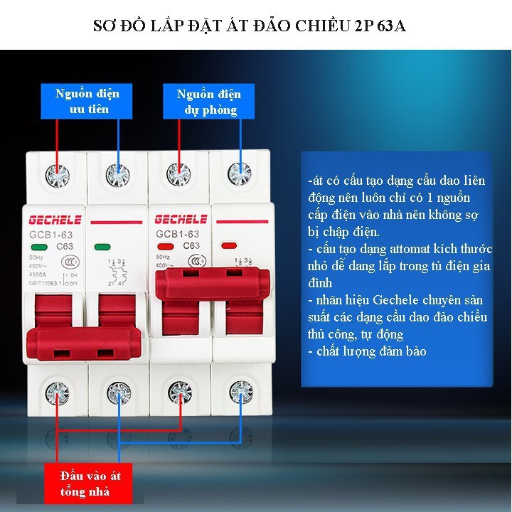 Át đảo chiều 2P 63A GCB1-63 Gechele, Cầu dao đảo chiều 2P 63A