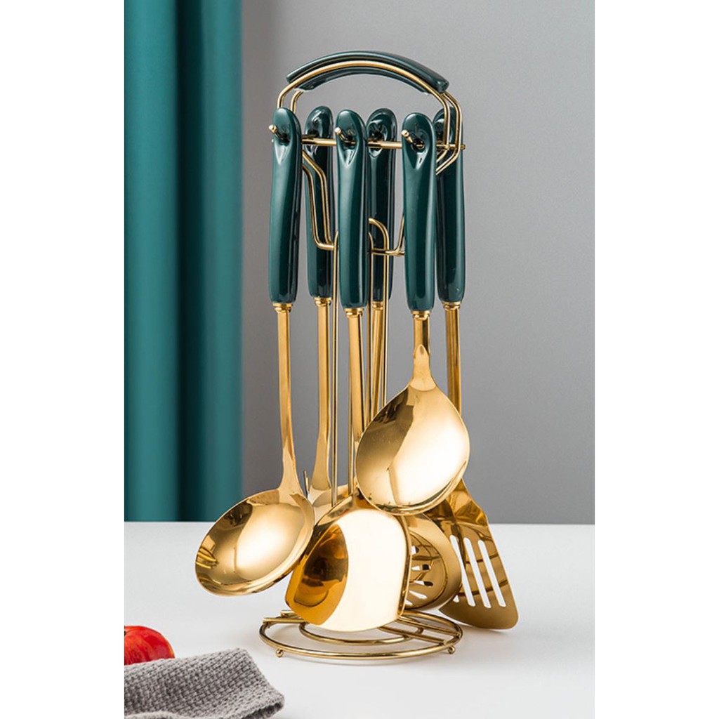 Bộ dụng cụ nhà bếp 7 món. dụng cụ nhà bếp. bộ dụng cụ nhà bếp 7 món bằng inox, mạ vàng, cán đá. hoangdecor