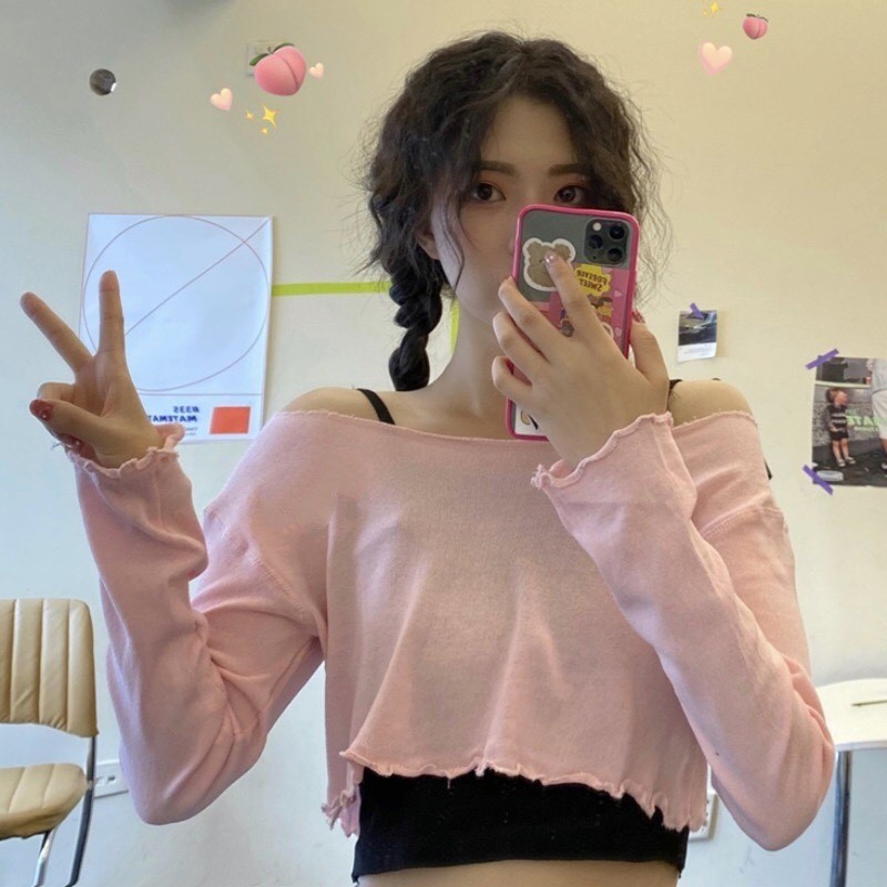 (HÀNG QC) SET ÁO LEN GIẤY TRỄ VAI VIỀN BÈO TÍM HỒNG TRẮNG MIX ÁO HAI DÂY ĐEN - SET CROPTOP LEN DÀI TAY 3 MÀU