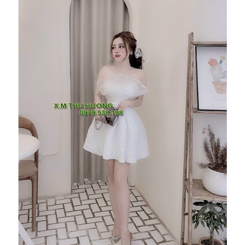 Đầm xoè tiểu thư đẹp, váy nữ xòe vải xốp Hàn hoa ly nổi 3D phối 2 dây ngọc , Loại 1