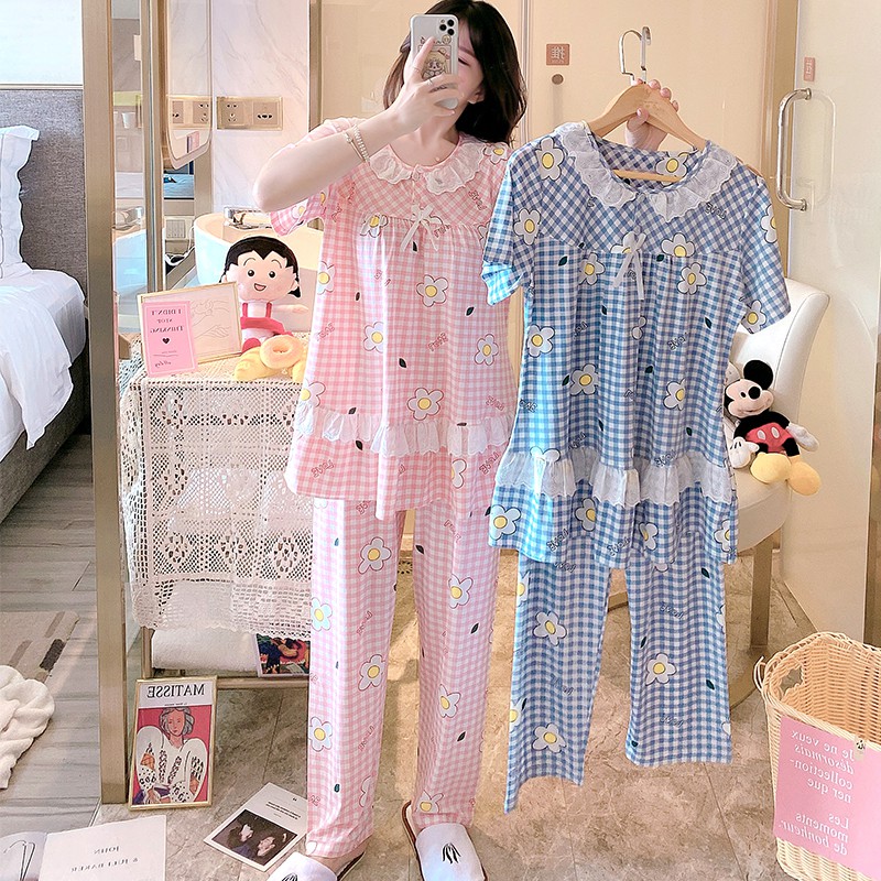 Bình thường cộng với chất béo cộng với kích thước ren ngắn tay đồ ngủ nữ cotton tinh khiết bộ đồ phục vụ tại nhà | BigBuy360 - bigbuy360.vn