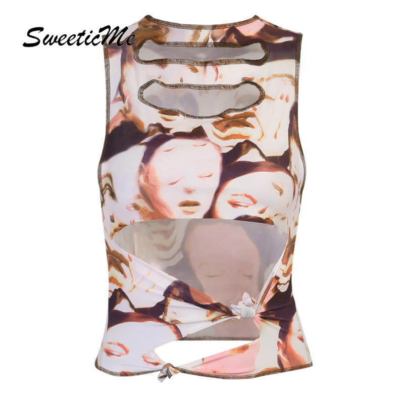 SweeticMe Women's 2021 New Head Print Hollow Sleeveless Sexy Irregular Vest