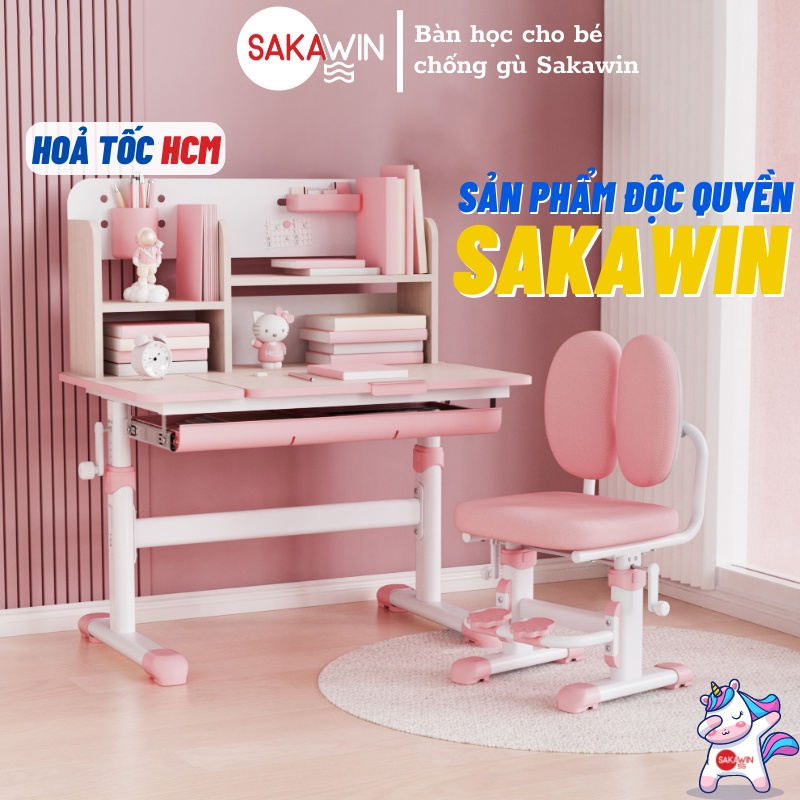 Bàn học chống gù Sakawin S80, Bàn học cho bé có giá sách thông minh, Nâng hạ tay quay Giá nhập