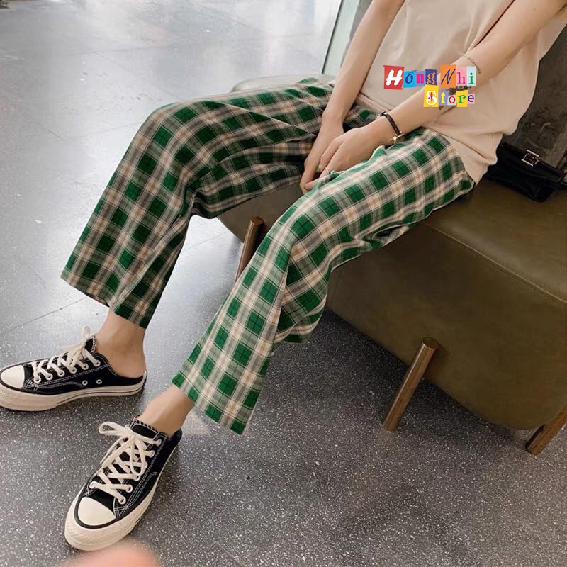 Quần Caro Dài Ống Rộng Lưng Cao Chun Thun Dáng Rộng Nam Nữ Unisex Culottes Ulzzang - MM