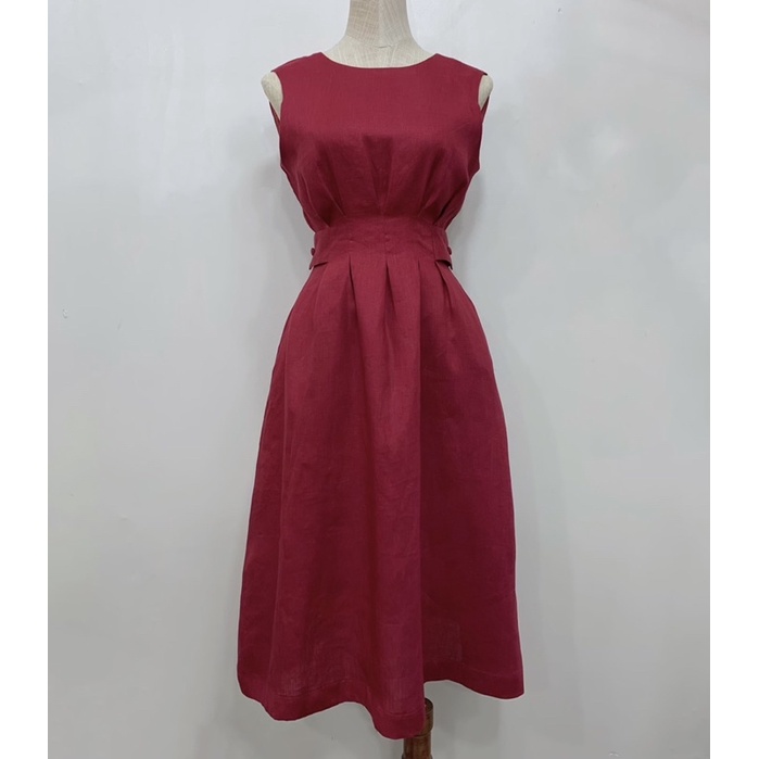 Đầm linen tưng premium đỏ rúm eo cột dây lưng