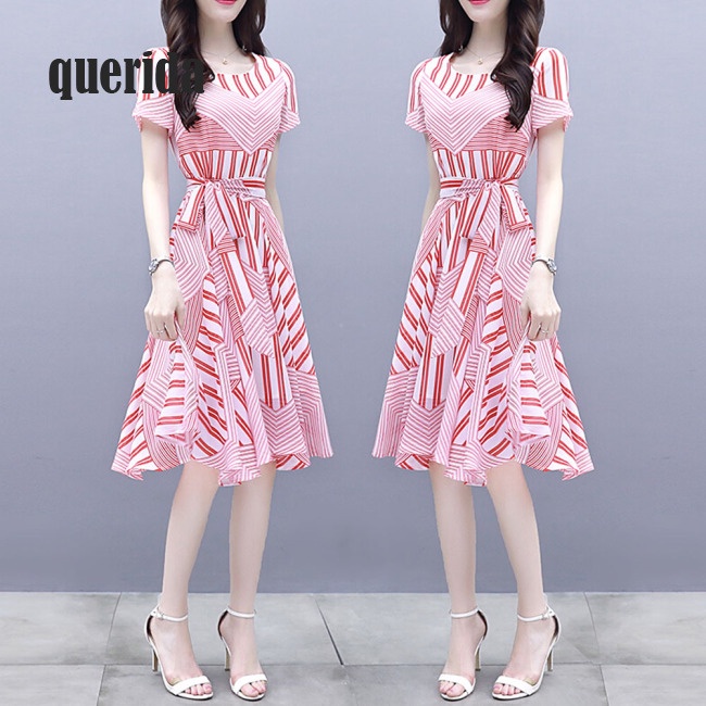 Đầm eo cao ngắn tay phối dây buộc họa tiết kẻ sọc màu hồng cho nữ