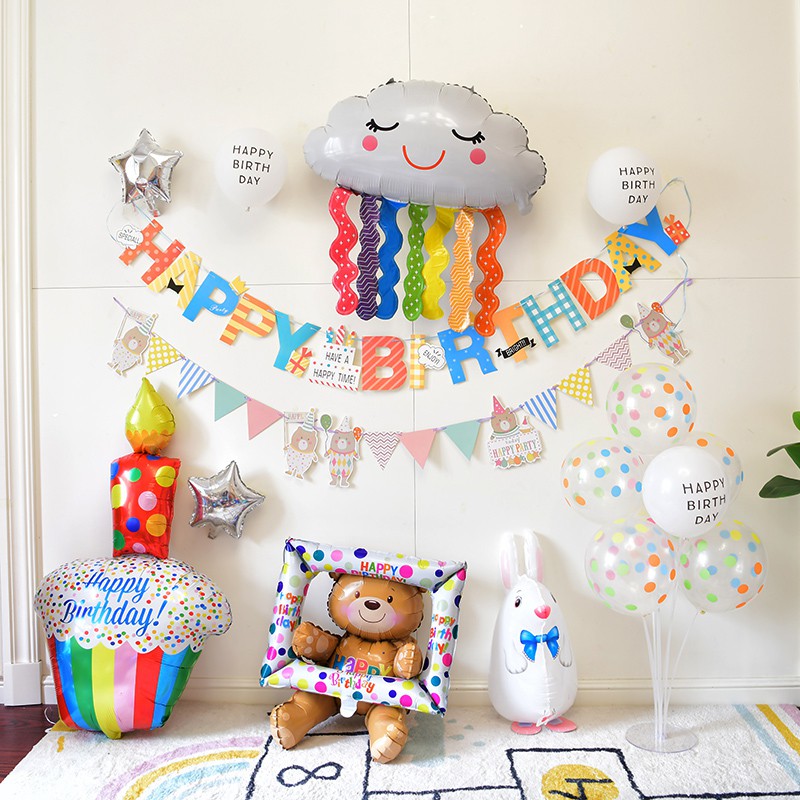 Baby birthday party decoration 1 year old 2nd 3rd 4th 5th 6th birthday party background décor rainbow cake bear balloon banner garland decoration
