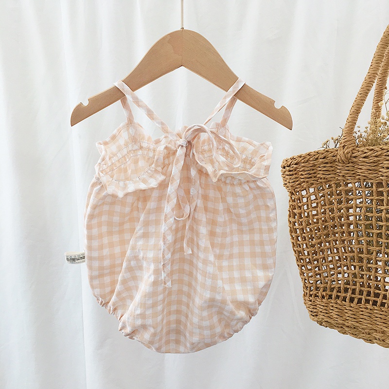 Set áo liền quần hai dây sọc caro + băng đô thời trang cho bé gái sơ sinh