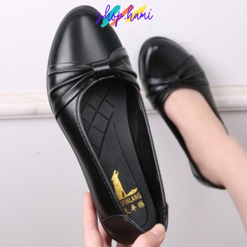 Giày Búp Bê Nữ Đẹp Cao Gót Êm Ái, Nhẹ Nhàng Có Gắn Nơ Xinh Xắn Với 2 Màu Đen, Be Đủ Size 35-40 SHOP HAMI G18