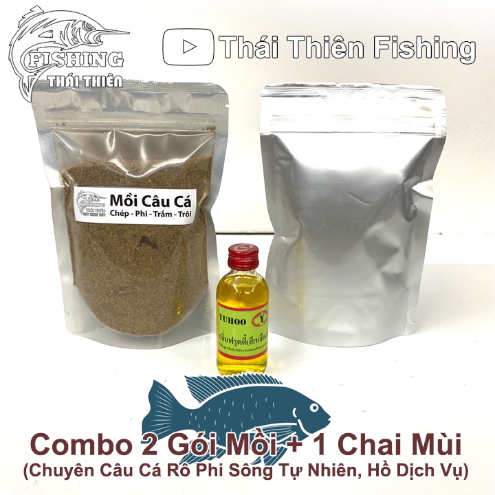 Combo 2 Gói Mồi Câu Cá Rô Phi, 1 Chai Tinh Mùi Thái Lan Dùng Câu Sông Tự Nhiên, Hồ Dịch Vụ