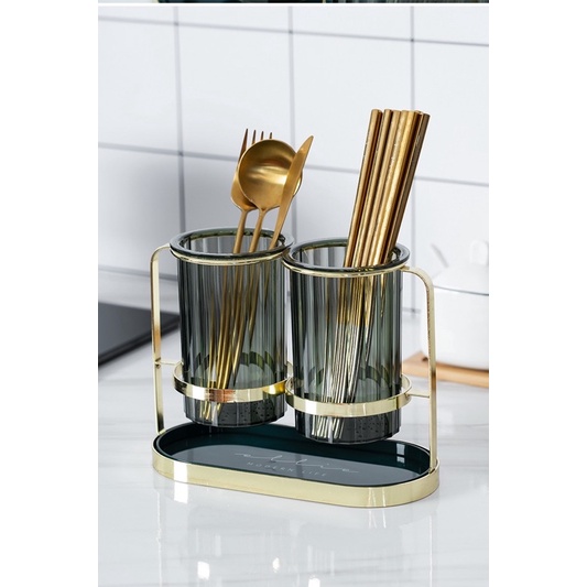 Ống đũa, muỗng Decor phong cách Bắc Âu kèm khay hứng nước | Giá, kệ, ống cắm đũa trang trí nhà bếp mạ vàng không hoen gỉ