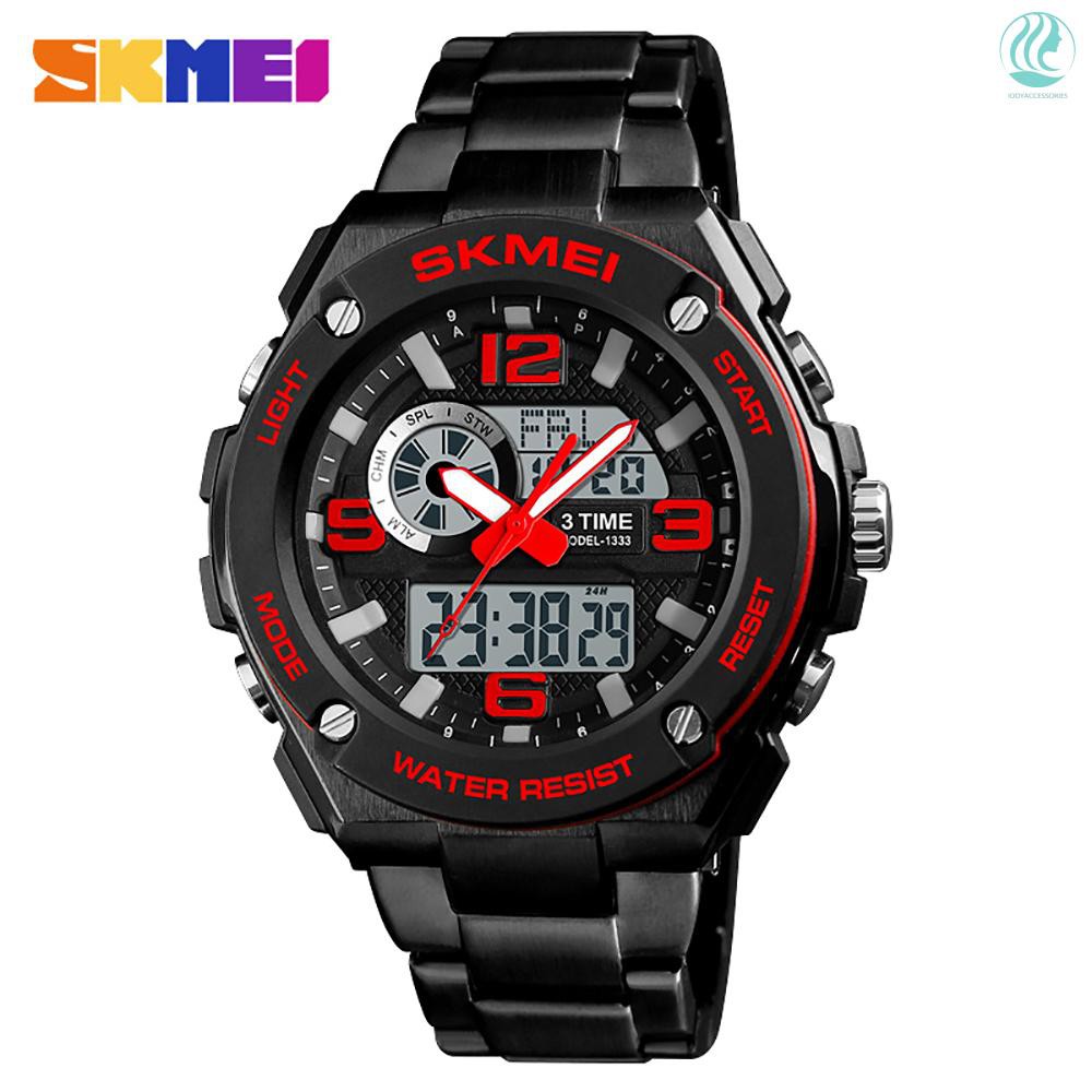 🌱SKMEI 1333 Men Quartz 3 Time Chrono Watches Countdown Analog Digital Display Wristwatch 5ATM Waterproof Fashion 