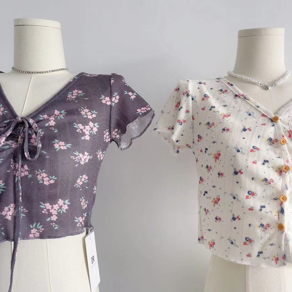 Áo Cardigan Tay Ngắn Dáng Ôm In Họa Tiết Hoa Nhỏ Xinh Xắn Thời Trang Mùa Hè Cho Nữ