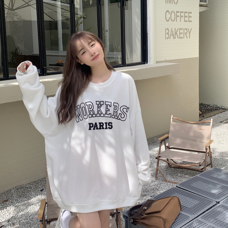 【ZHELIHANGFEI】Áo Thun Nỉ Tay Dài Dáng Rộng In Chữ Trẻ Trung Năng Động Hợp Thời Trang