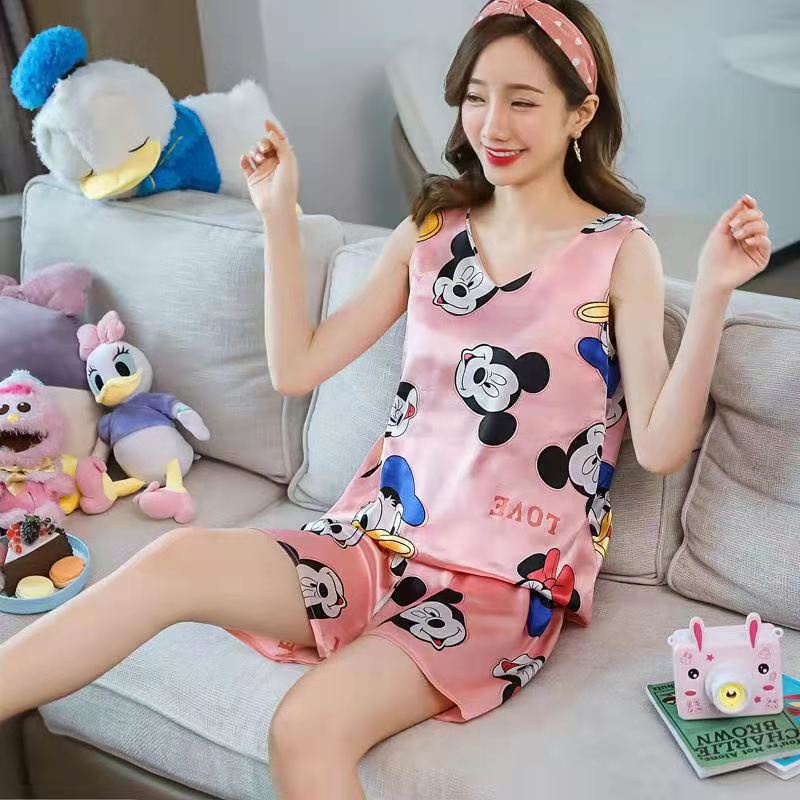 Thời Trang Bộ Đồ Ngủ Pijama Vải Lụa Satin Cổ Chữ V Không Tay In Hình Chuột Mickey Size Lớn M-5Xl Cho Nữ | BigBuy360 - bigbuy360.vn