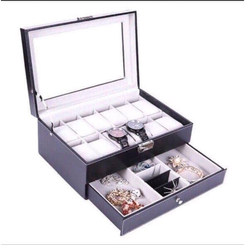 Hộp Đựng Đồng Hồ 2 Tầng Kèm Trang Sức Cao Cấp Bọc Da Pu Chống Nước