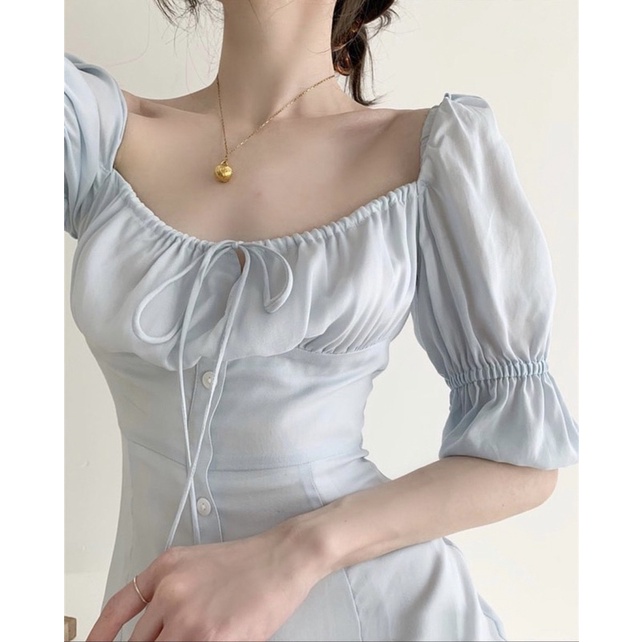 ĐẦM MIDI CỔ VUÔNG XẾP LY NGỰC TAY KHUC BO