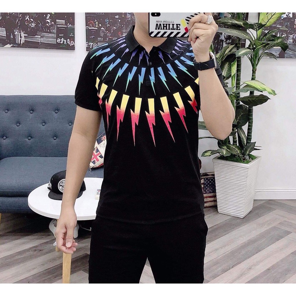 Áo thun nam ngắn tay có cổ in 3D tia chớp độc lạ vải cotton không nhăn cao cấp