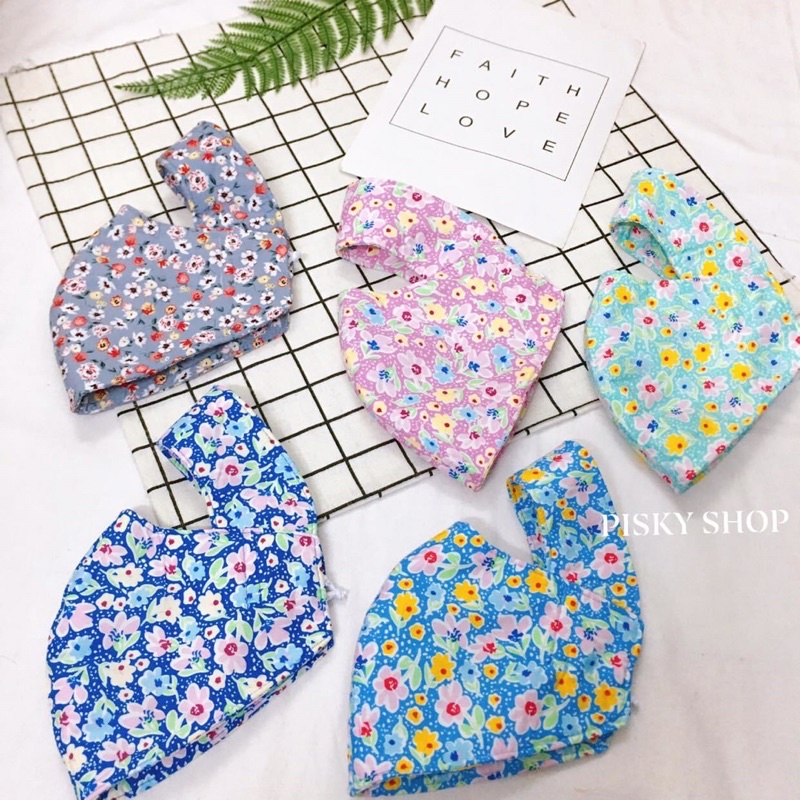 [ COmBO 5 CÁI ] Khẩu trang hở mắt che trán vải cotton 3 lớp mịn, mát, thấm hút mồ hôi. Hoạ tiết bông