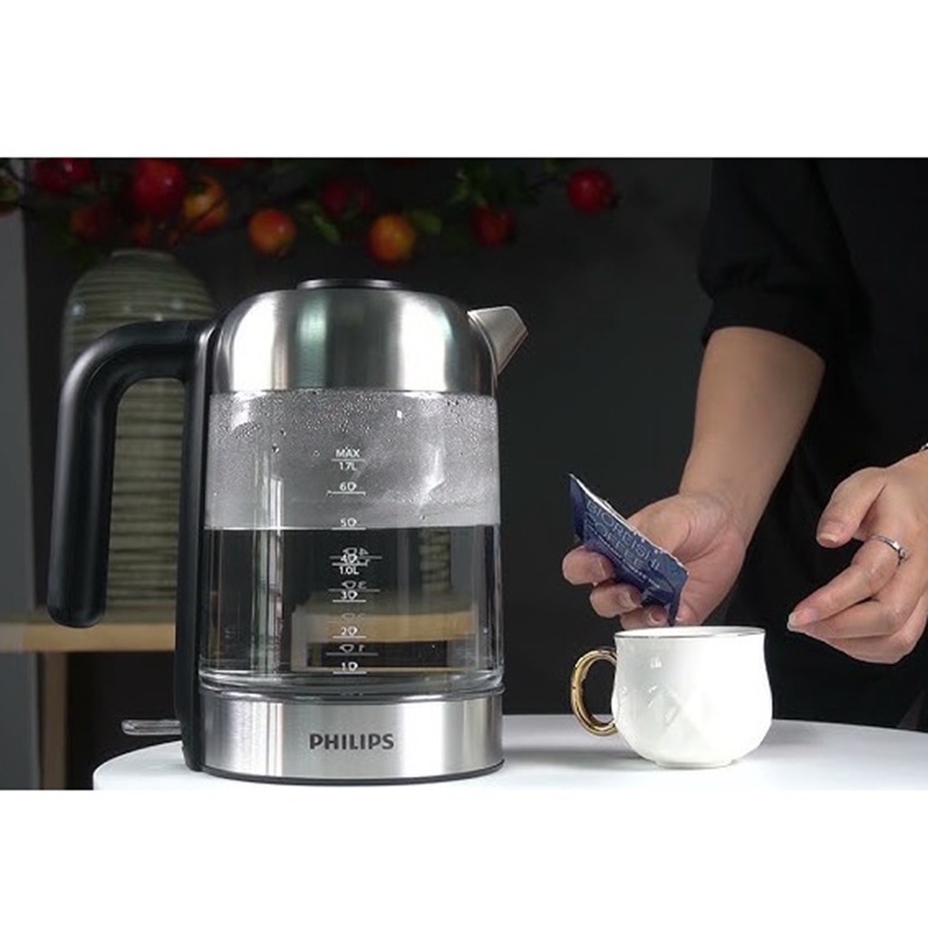Bình đun siêu tốc thủy tinh PHILIPS 1.7 lít HD9339/80 Chính hãng bảo hành 2 năm