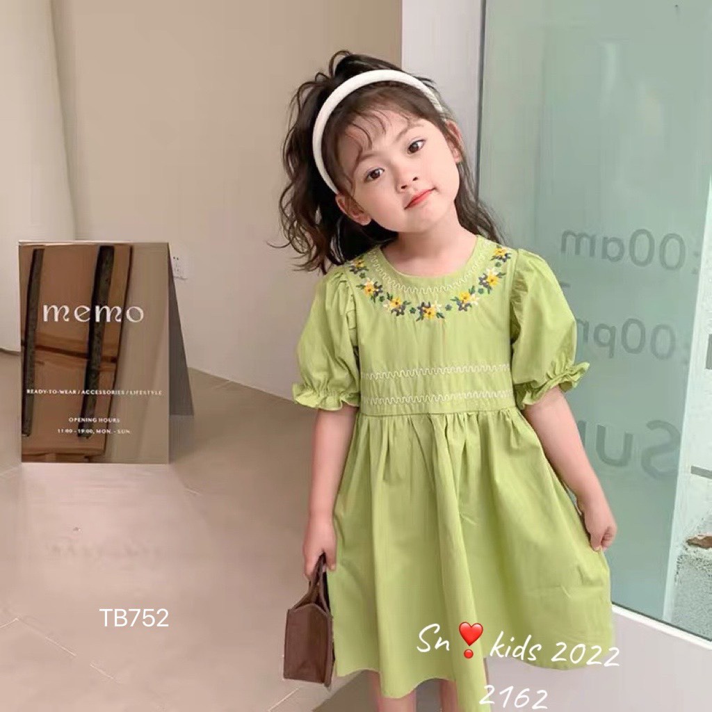 Váy bé gái cotton thô mềm 8-20 kg thêu hoa xinh xắm 1 2 3 4 5 6 tuổi Đ051, đầm tiểu thư cho bé mặc hè trẻ em nữ