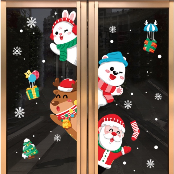 Decal trang trí Noel Hít Tĩnh Điện - Thỏ , gấu , tuần lộc và ông già Noel kèm phụ kiện hộp quà