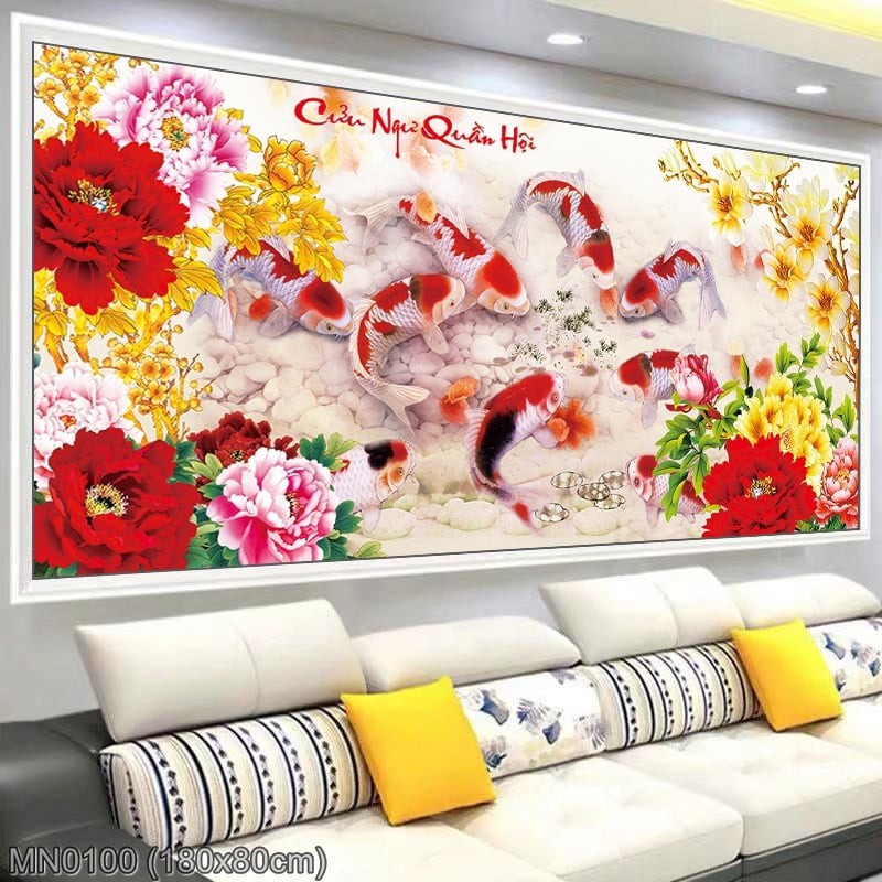 (chưa thêu, chưa kung)Tranh thêu kín Cửu ngư quần hội (MN0100) 💥 kích thước 180*80 cm 📌