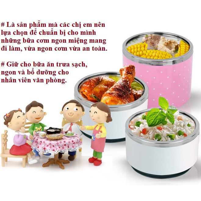 Hộp cơm giữ nhiệt ruột inox 3 tầng chấm bi