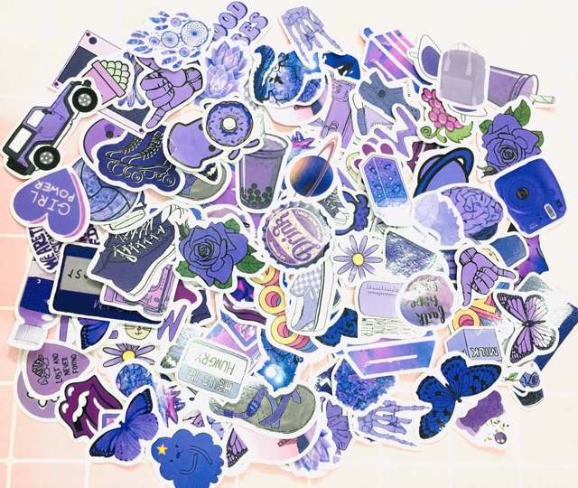 Sticker màu tím set 30-50 cái ép lụa / hình dán dễ thương màu tím