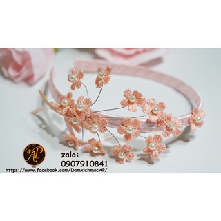Bờm - cài tóc hoa chỉ đính ngọc đuôi công
