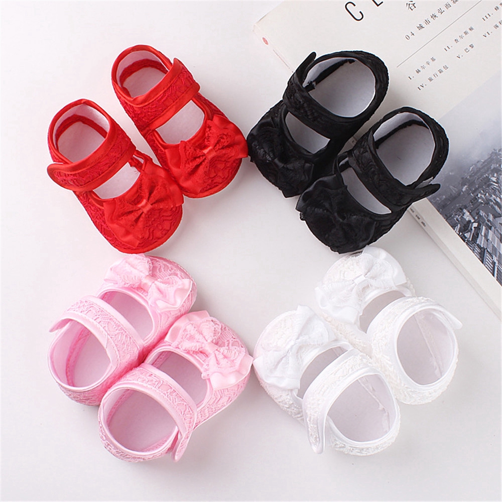 Giày vải cotton phối ren thắt nơ đáng yêu mềm mại màu hồng dành cho bé gái sơ sinh tập đi 0-1 tuổi
