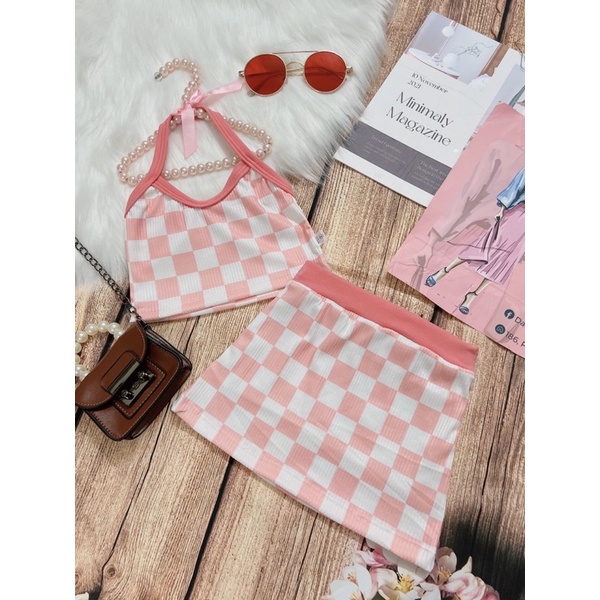 set áo yếm cảro + chân váy chữ A caro cho bé gái (8-22kg)