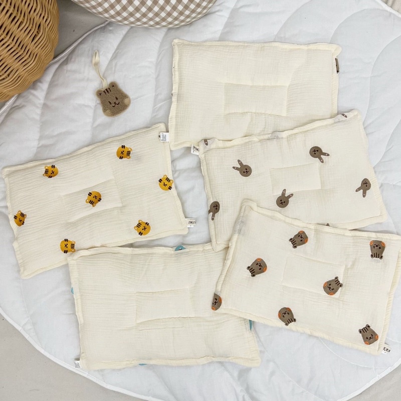 Gối Xô Chống Bẹp Đầu Organic KAMIMI Cao Cấp Thêu Gấu Style Hàn Quốc Cho Bé KT 39x25cm