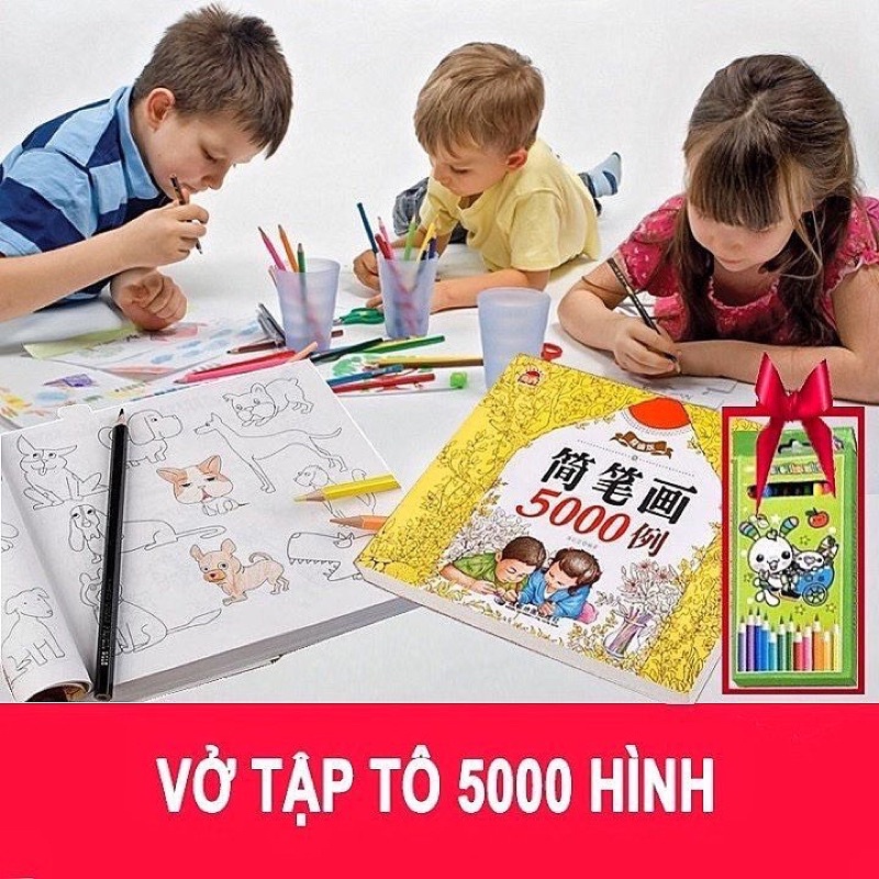 Vở Tô Màu 5000 Hình Cho Bé Tặng Kèm Bộ 12 Bút Chì Màu