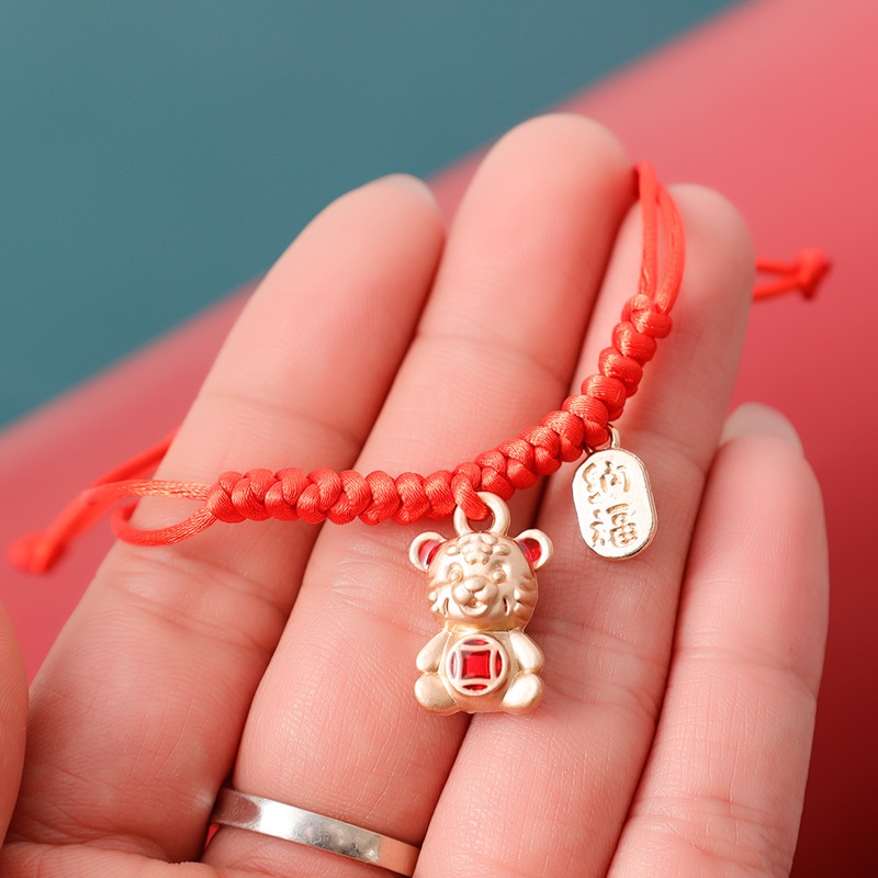 Vòng tay may mắn bện dây đỏ đính hạt kim loại thời trang phong cách dân tộc retro