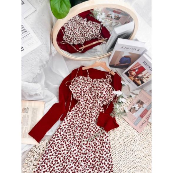 Set váy nữ VAYO Đầm 2 dây nữ hoa nhí dáng dài xòe đỏ và áo khoác cardigan croptop dài tay vải len mềm mịn đẹp thời trang | BigBuy360 - bigbuy360.vn