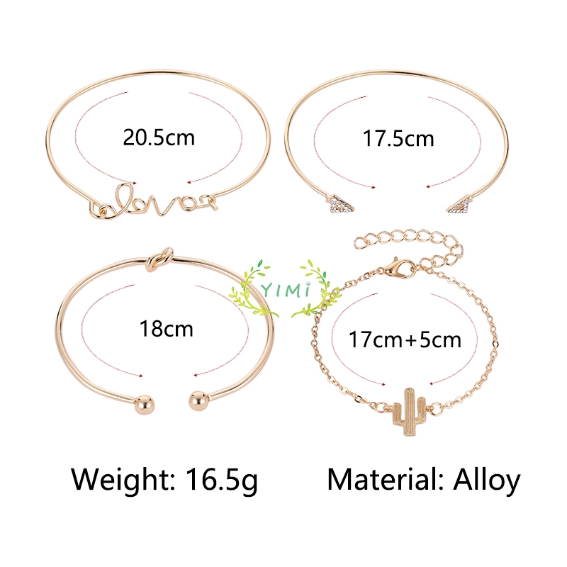 COD 4 Cái / Bộ Phụ Nữ Gilr Vàng Tam giác Hôn Tình yêu Xương rồng Mở Vòng tay ChuỗiYimi