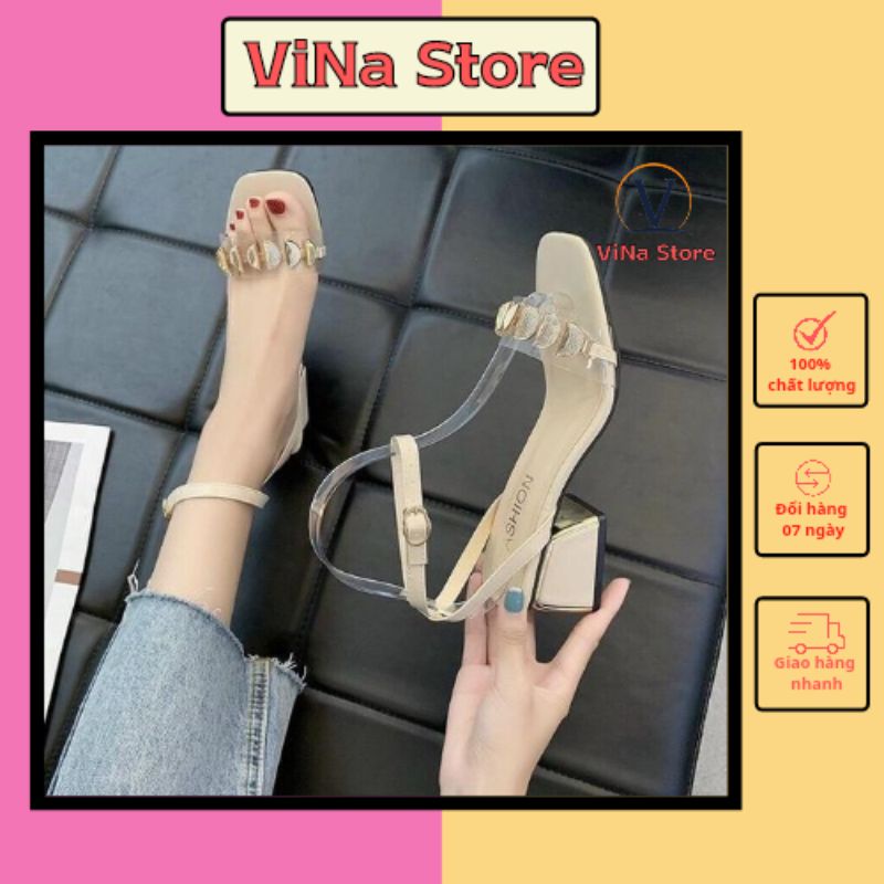 sandal cao gót ĐẾ VUÔNG 5CM quai mặt đá gót đồng 2 màu TRẮNG KEM CHO NỮ SIÊU ĐẸP-TREND 2021 MÃ M36