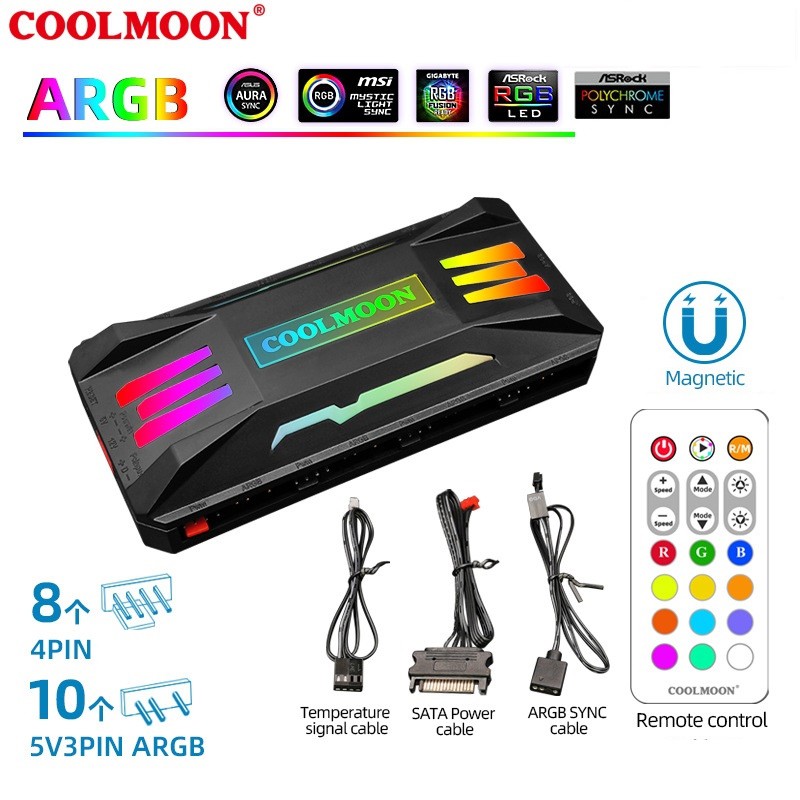 HUB Aura Sync P-ARGB V2.0 Coolmoon cho Fan Led RGB và đèn Led RGB đồng bộ Mainboard máy tính
