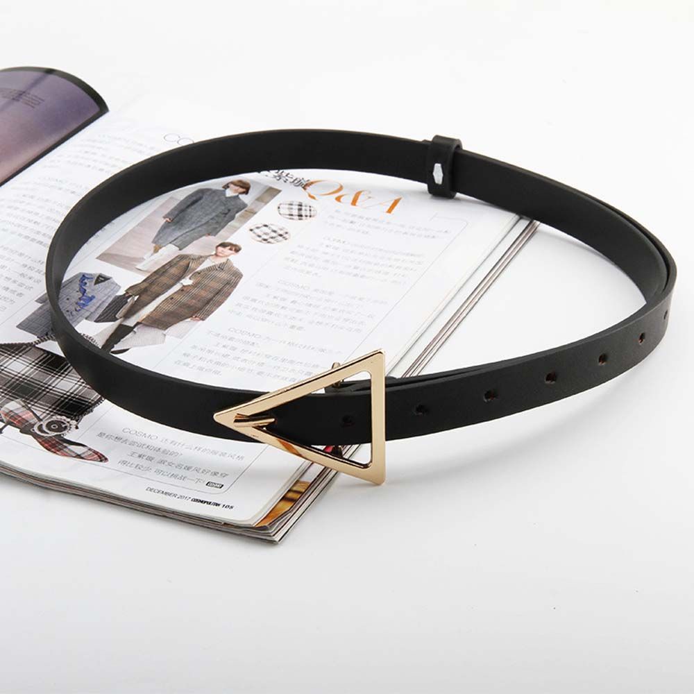 Thắt lưng da PU mỏng màu đen khóa tam giác vintage đơn giản cho nữ