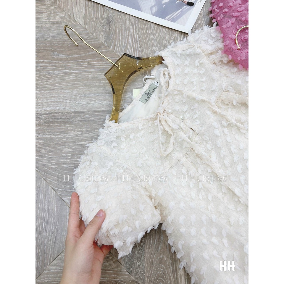 Đầm babydoll tay ngắn phối cổ tròn thắt nơ chất tơ bông cục li ti